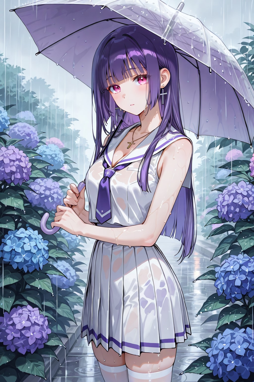紫陽花で満たされた、雨の降る庭で