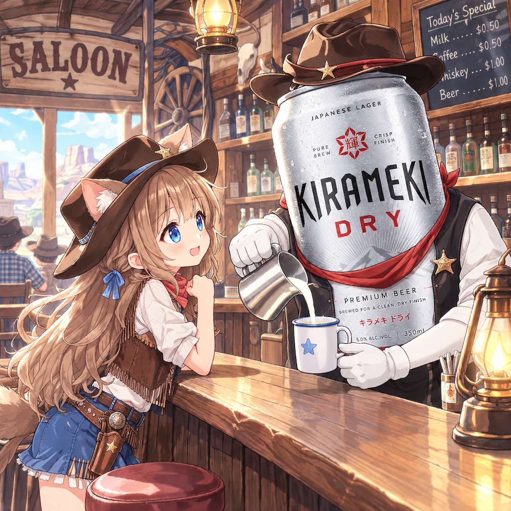 西部劇の酒場でミルクを頼む小さな女の子