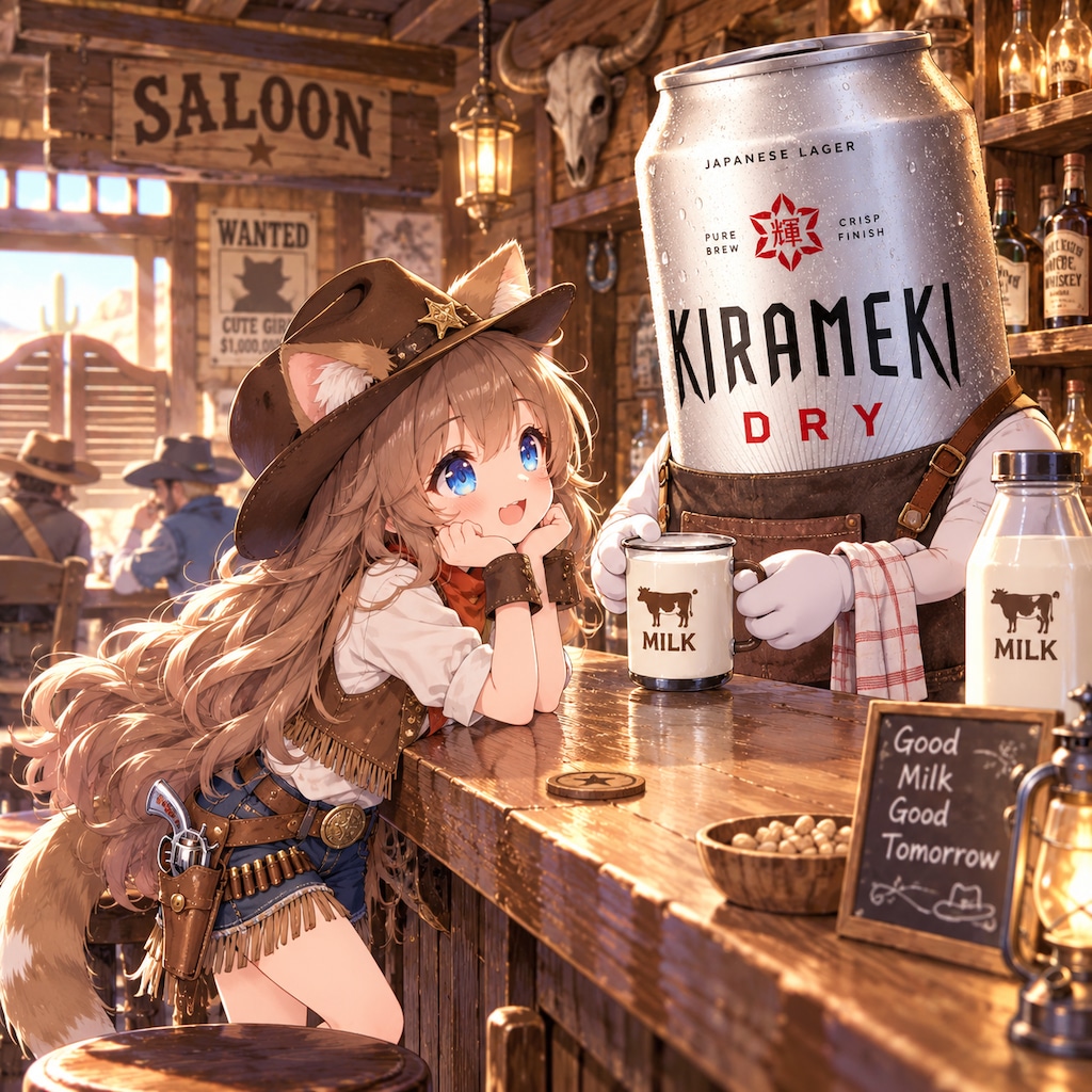 西部劇の酒場でミルクを頼む小さな女の子
