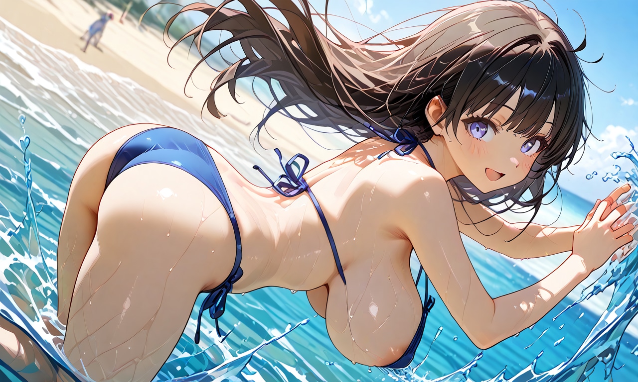 水着で遊ぶ少女の後ろ姿