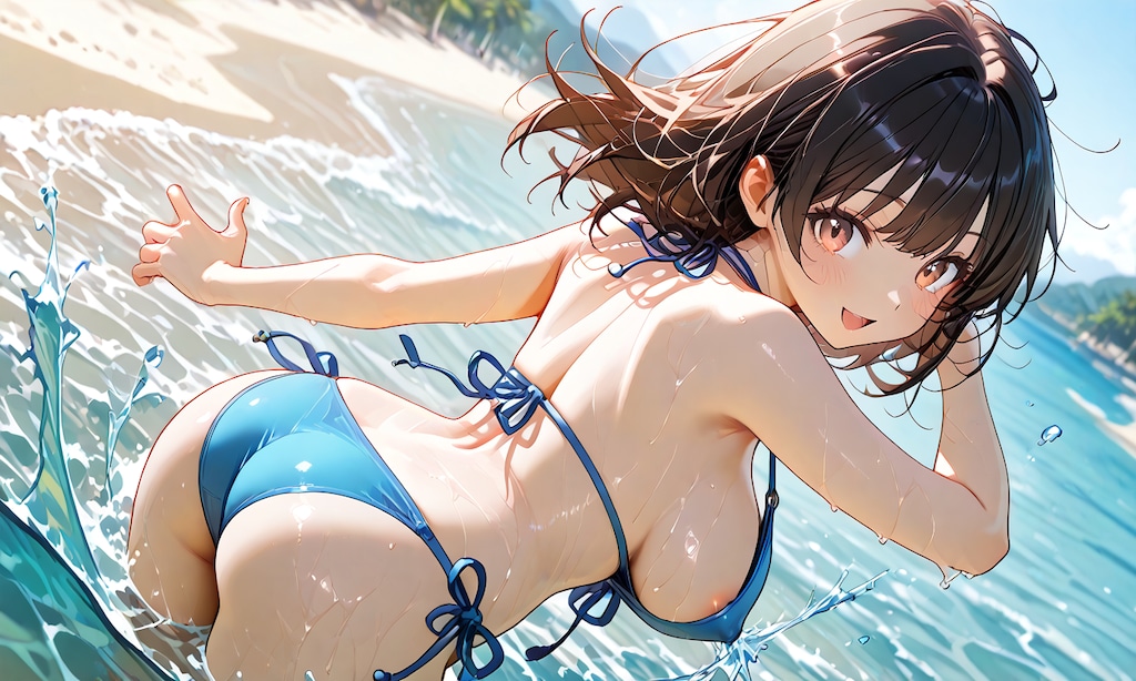水着で遊ぶ少女の後ろ姿
