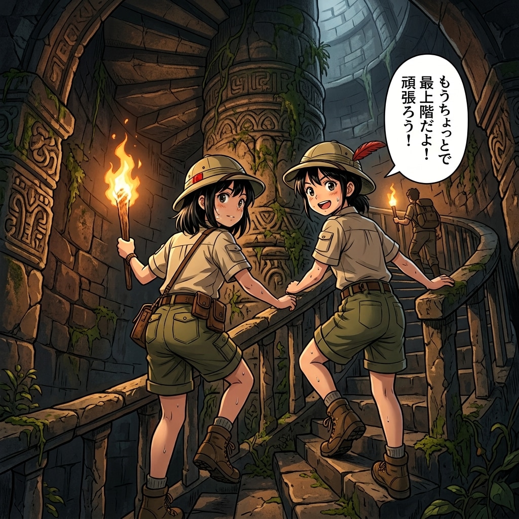 「もうちょっとで最上階だよ！頑張ろう！」