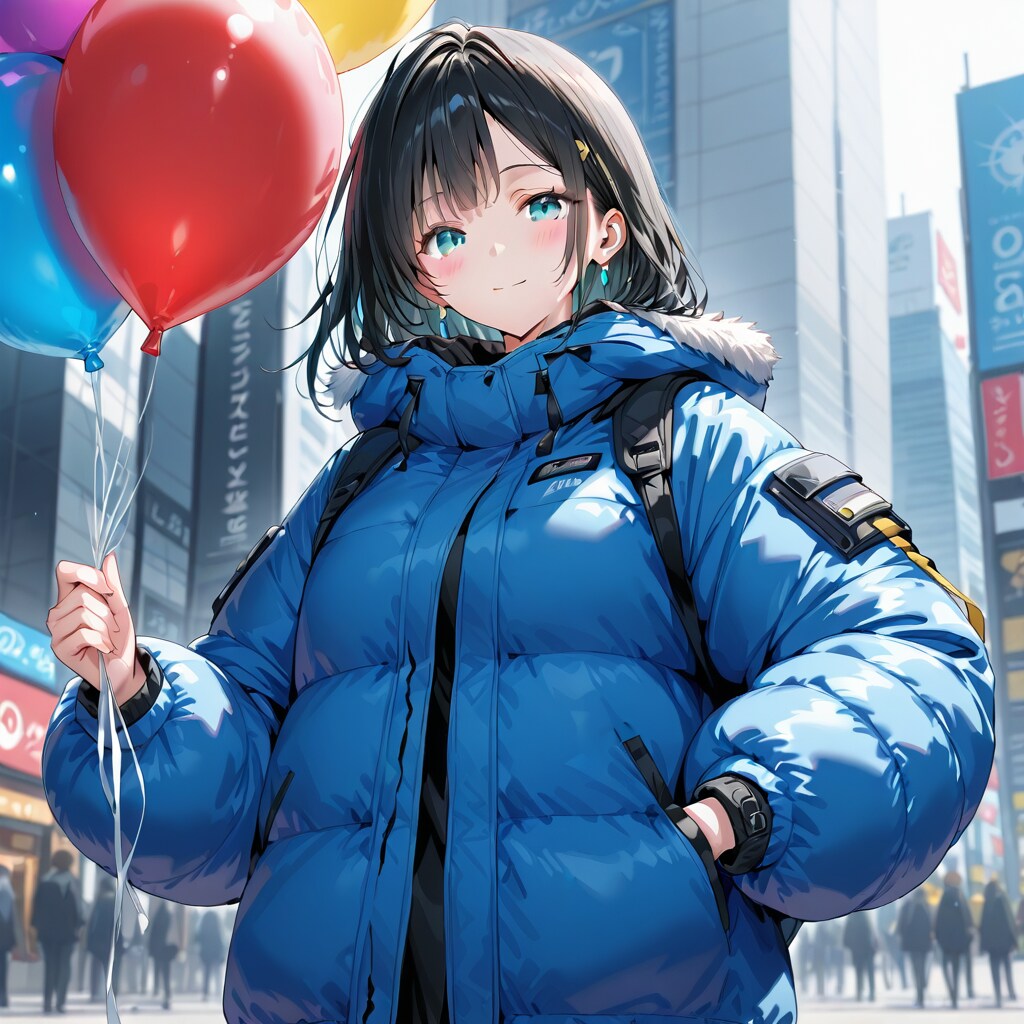 いっぱい風船を持つダウンジャケット着た黒髪ロングの美女。