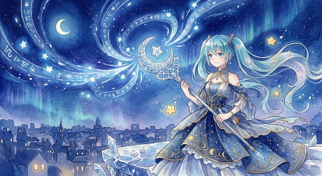 水彩画ミクさん　星の杖が描く、未来への魔法