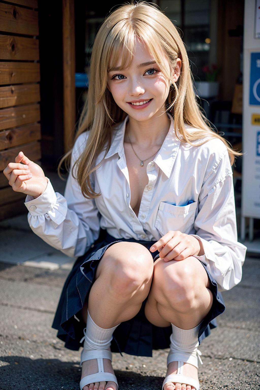 AIイラスト白ギャル貧乳ロリ顔　エロ画像　18歳女子校生海外コスプレイヤー　「お父さんに、新しいパンツを見せると、その笑顔にいつも感動しちゃうよ！」