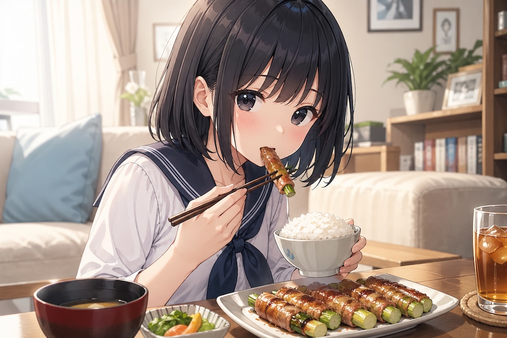アスパラガスの豚肉巻を食べている女の子