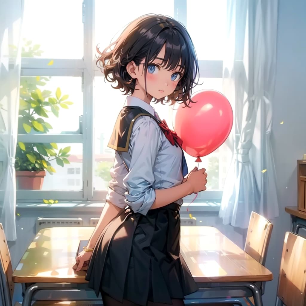 学校の教室で風船を持つ黒髪ショートカットの美少女。