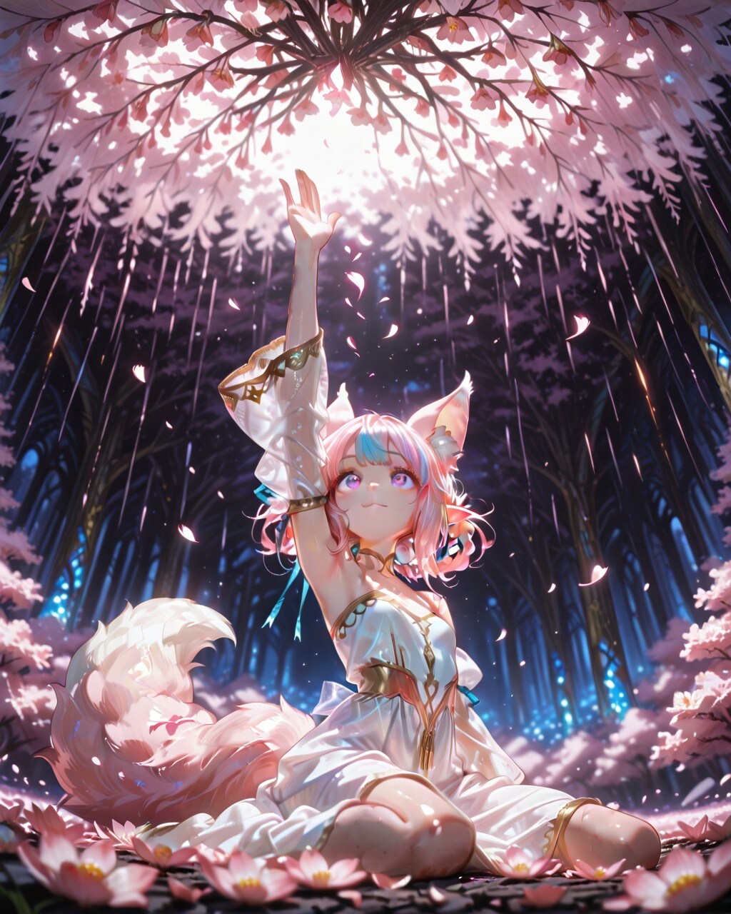 6枚）夜桜とケモ耳エルフさん