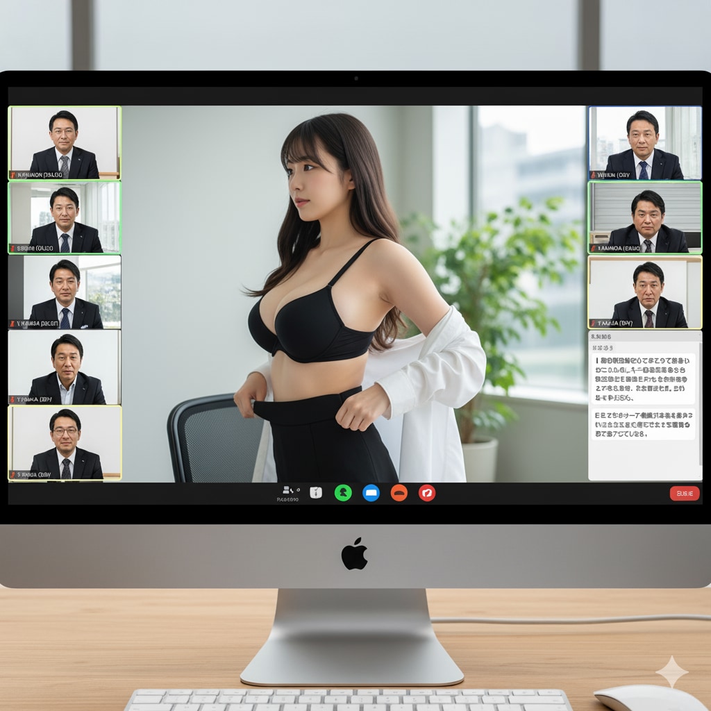 オンライン会議後、カメラを切り忘れて着替える女社員