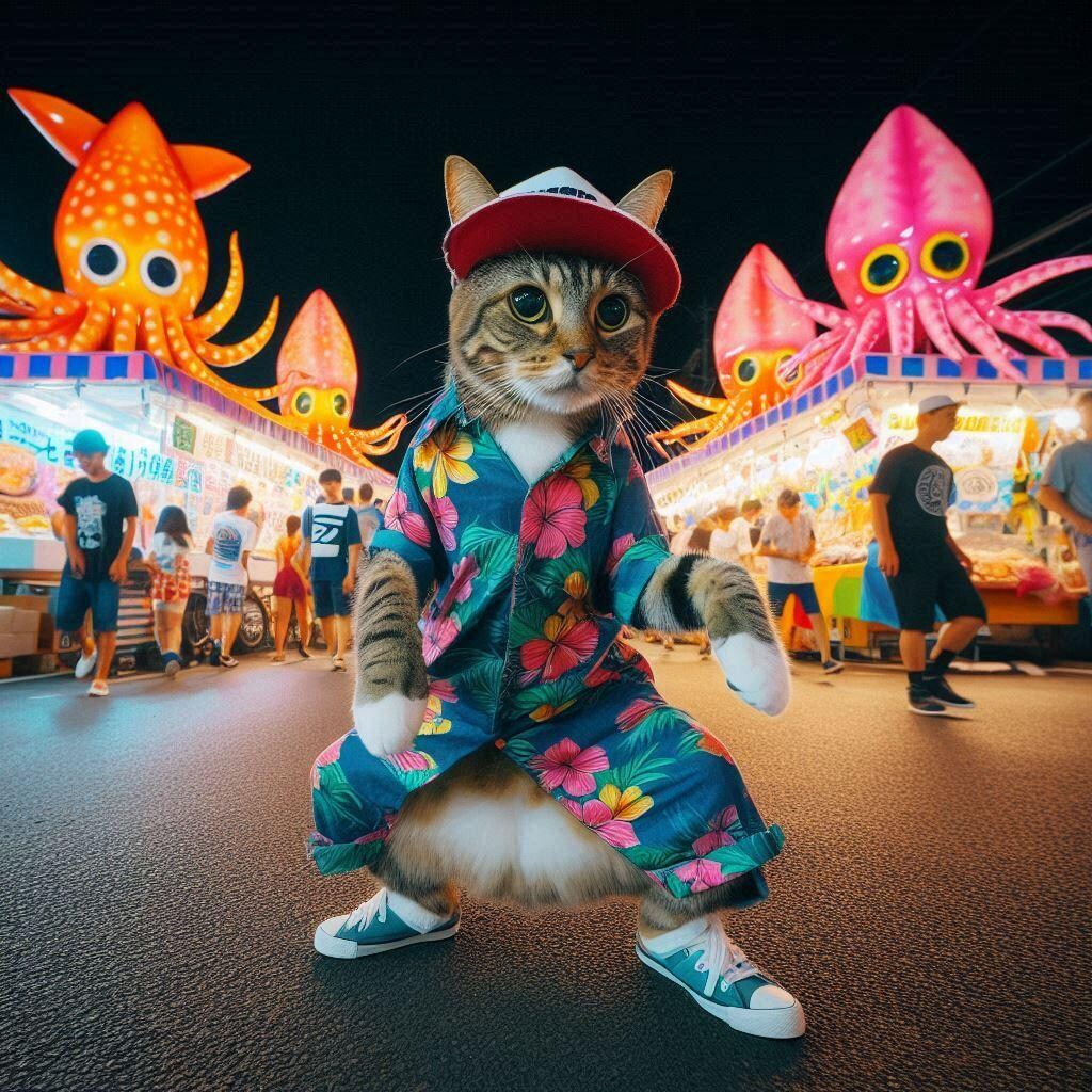 イカ焼き屋台を営む猫