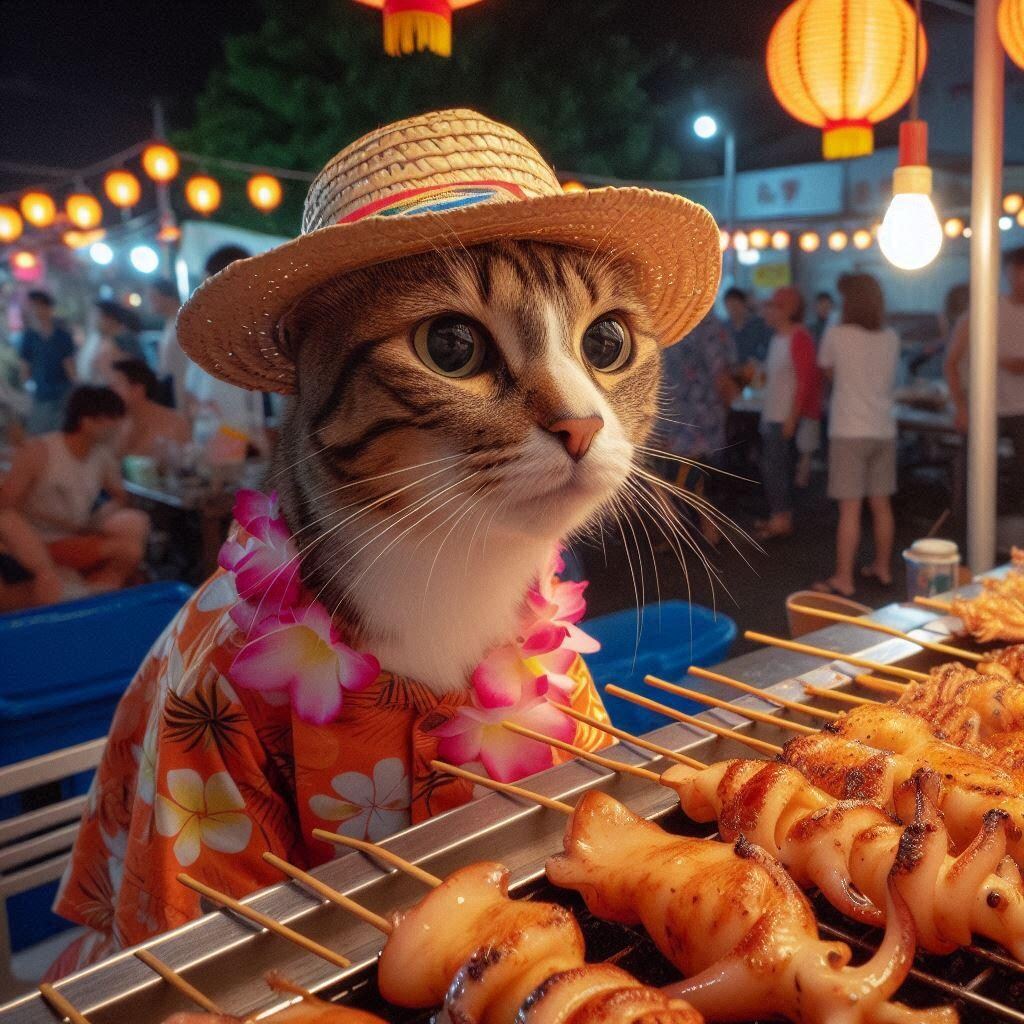 イカ焼き屋台を営む猫