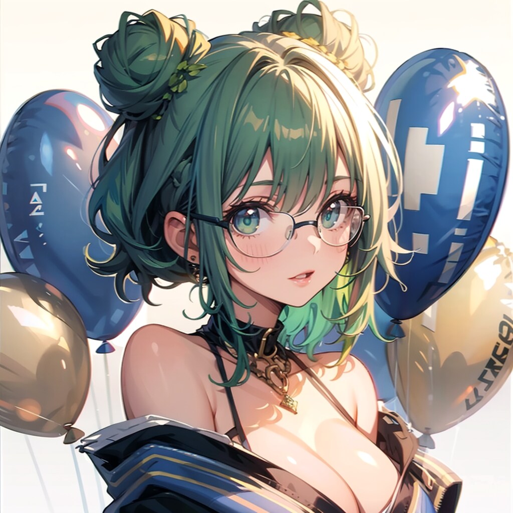 いっぱい色とりどりの風船を持つ緑髪お団子ヘアの浴衣着た美女