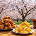 唐揚げとフライドポテトで桜の花見 2枚目