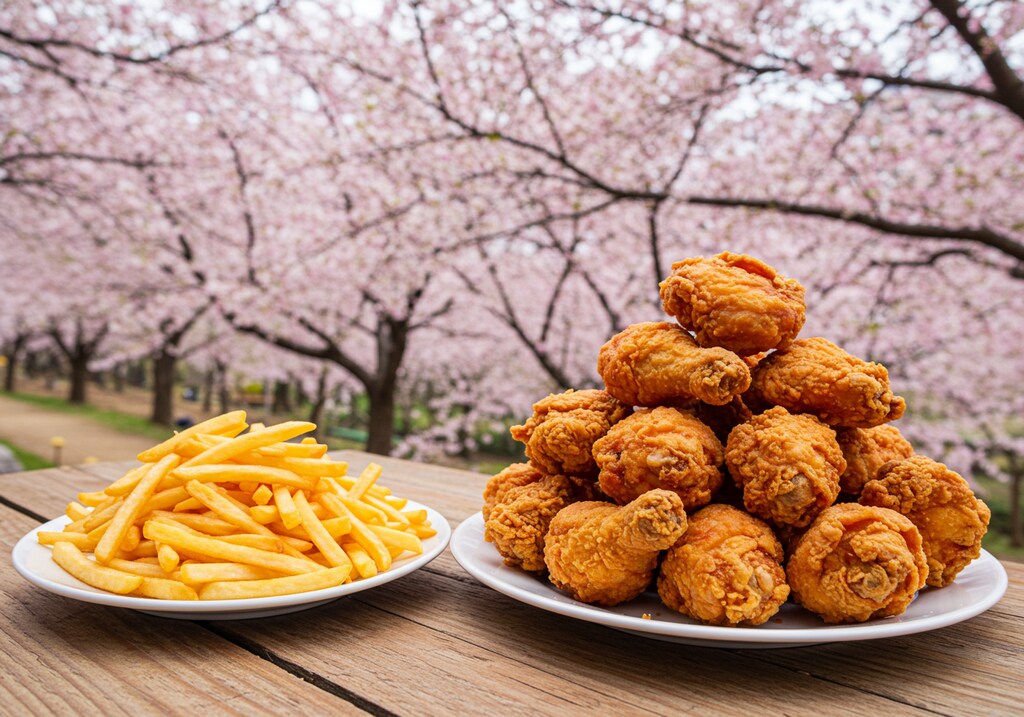 唐揚げとフライドポテトで桜の花見