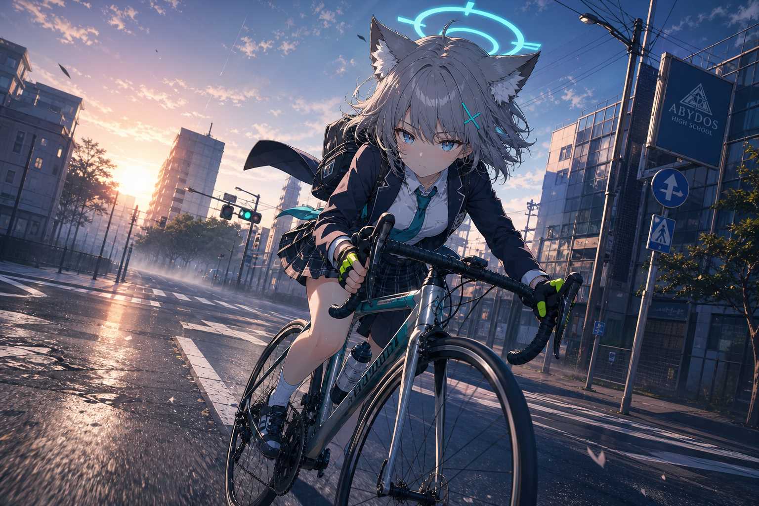 早朝の街を自転車で駆け抜ける（シロコ）