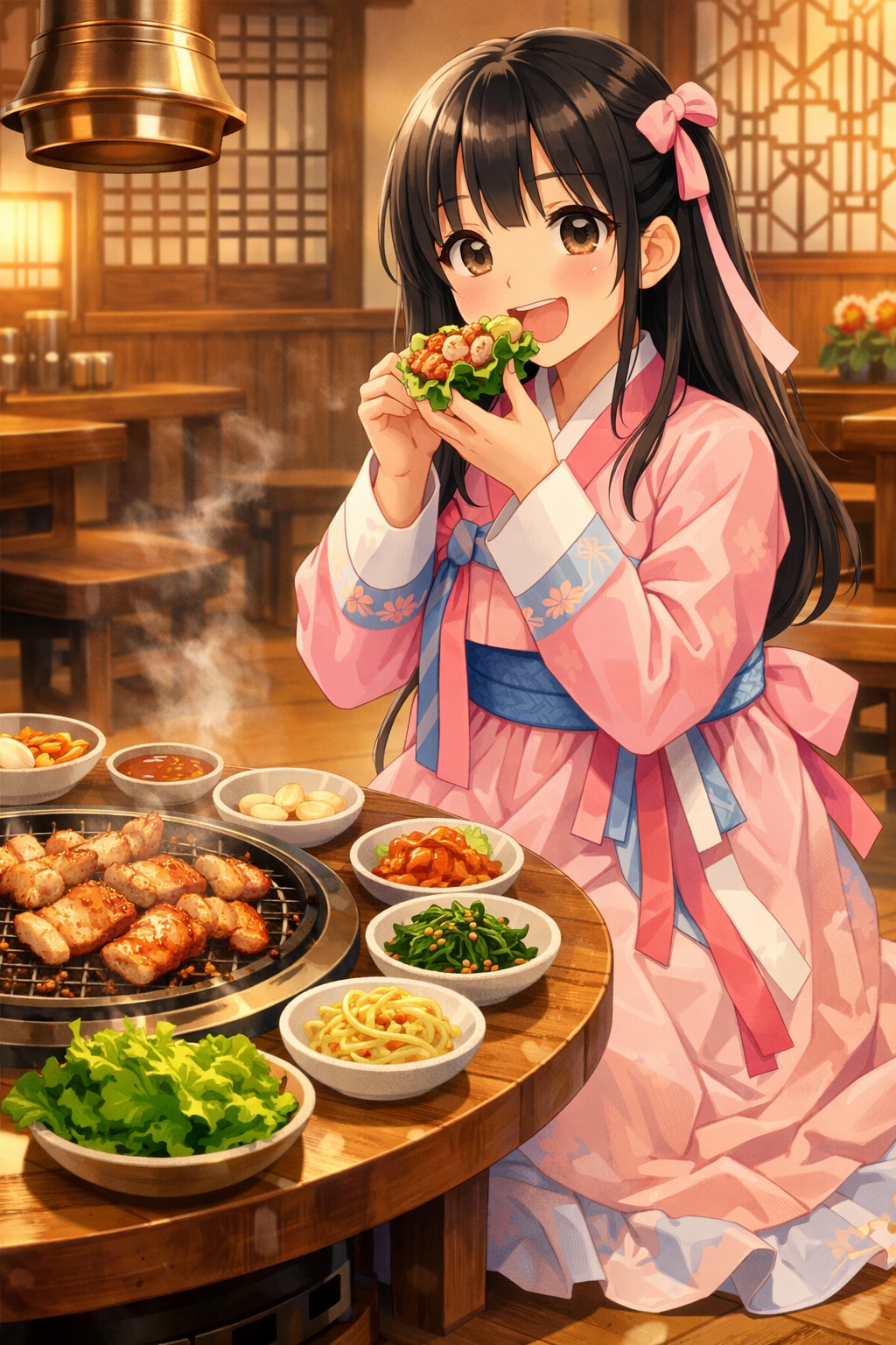 サムギョプサルを食べている女の子