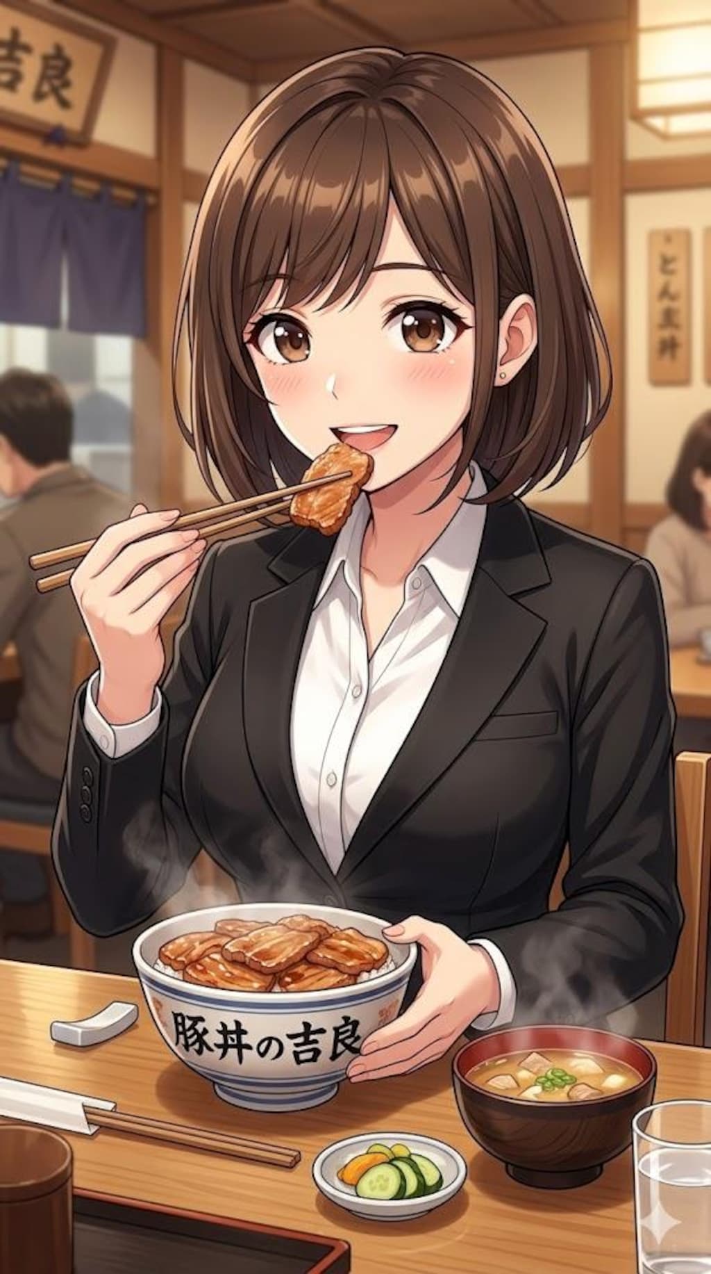 豚丼を食べるアキちゃんとS2000