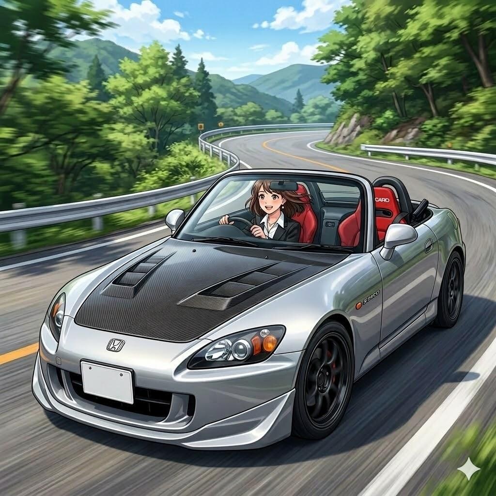 豚丼を食べるアキちゃんとS2000