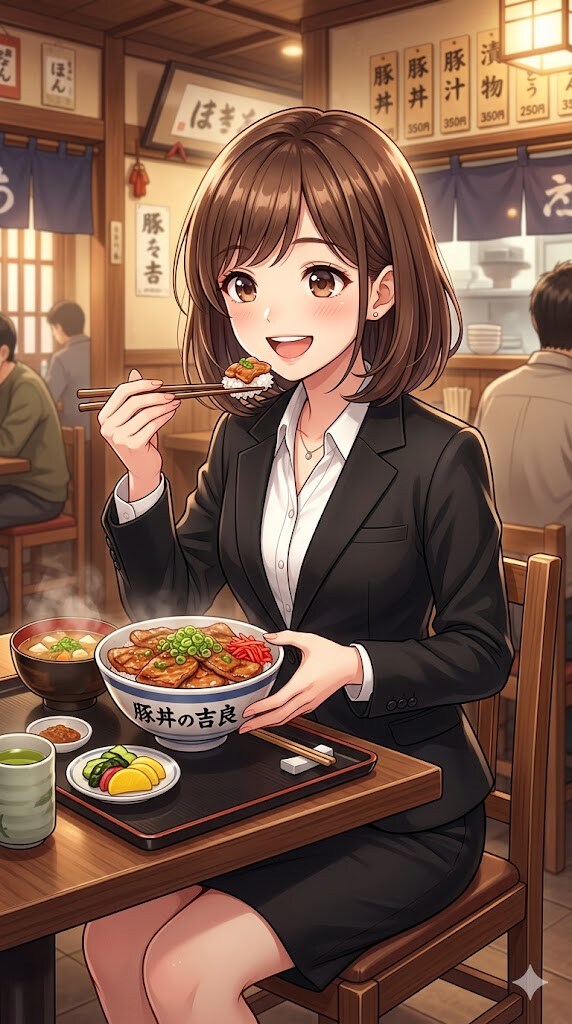 豚丼を食べるアキちゃんとS2000