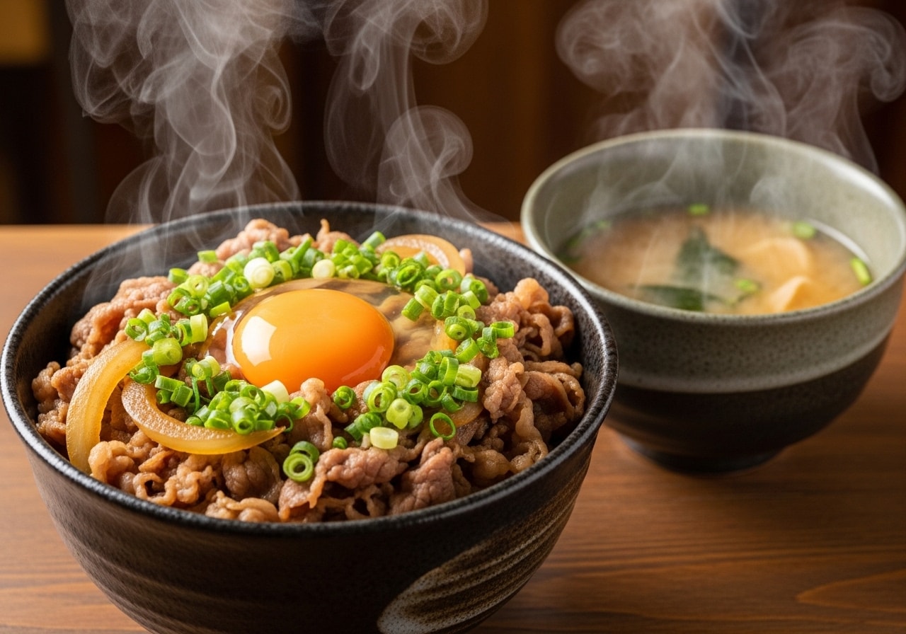 摩訶不思議食堂の卵乗せ牛丼と味噌汁のセット