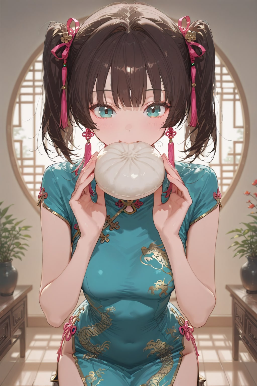 チャイナドレスで肉まんを食べる