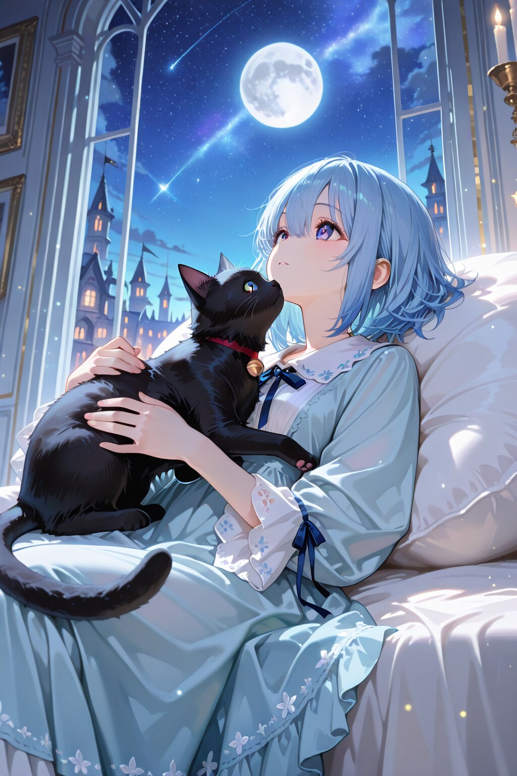 窓辺で黒猫と月を見る | の人気AIイラスト・グラビア