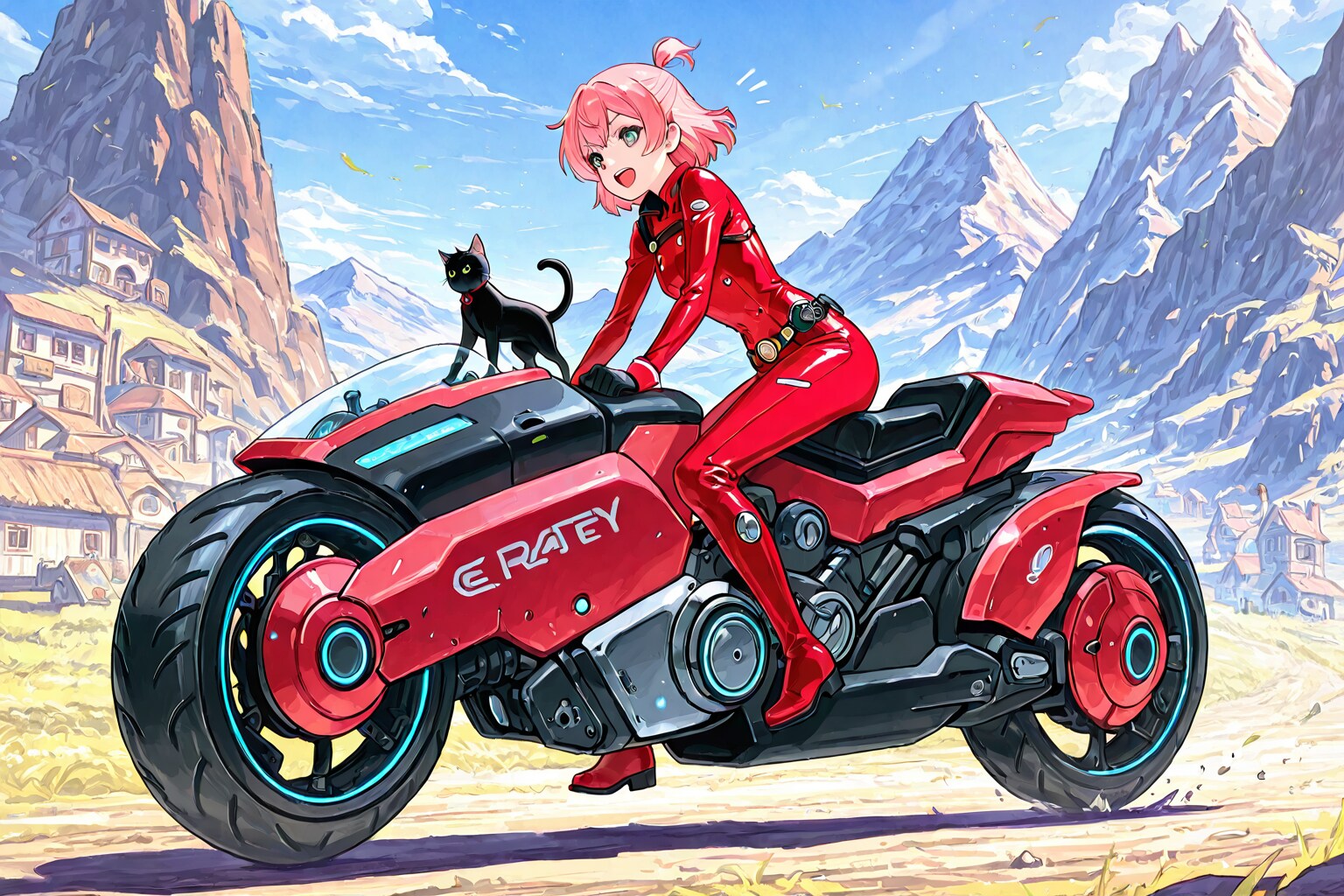 バイク好きな赤いスーツの魔女と黒猫