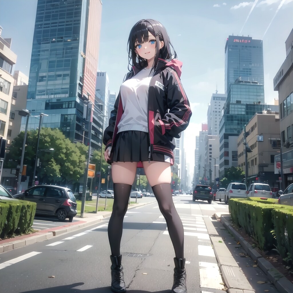 黒ミニスカートで