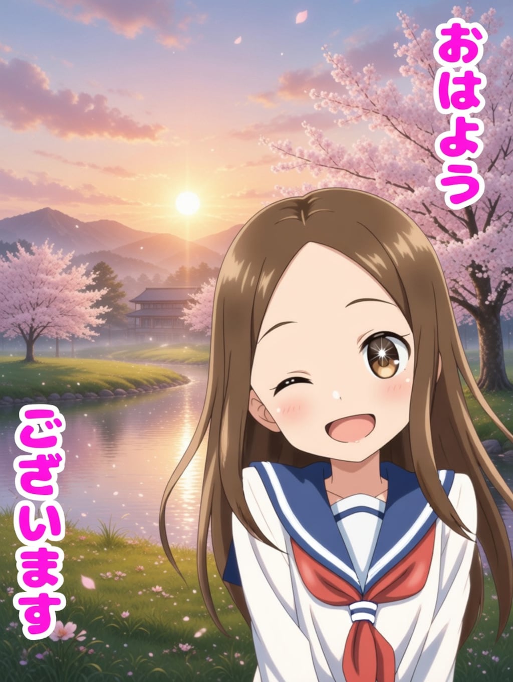 桜が映える早朝　おはようございます　からかい上手の高木さん