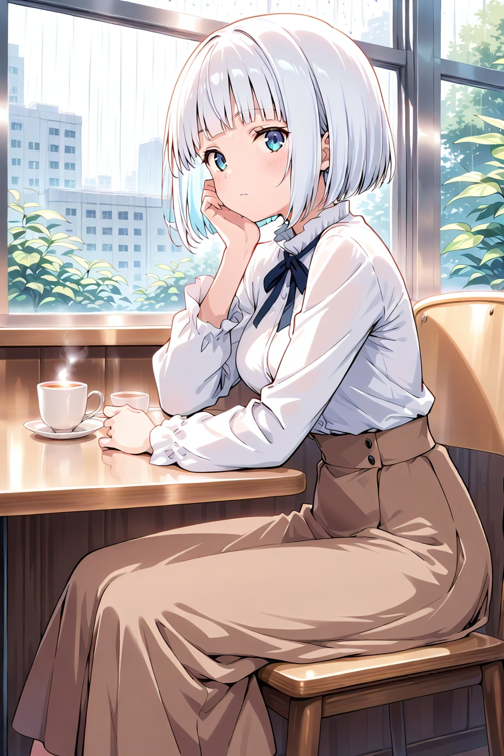 喫茶店での白髪光莉さん | の人気AIイラスト・グラビア