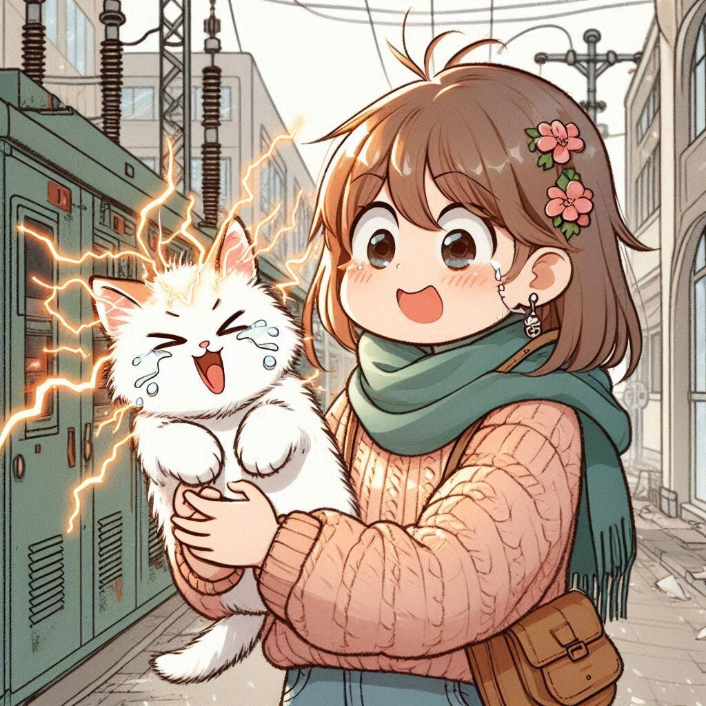 静電気体質の女の子、猫を抱く