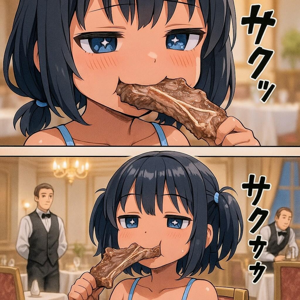 Tボーンステーキを骨ごと食べるこなつちゃん