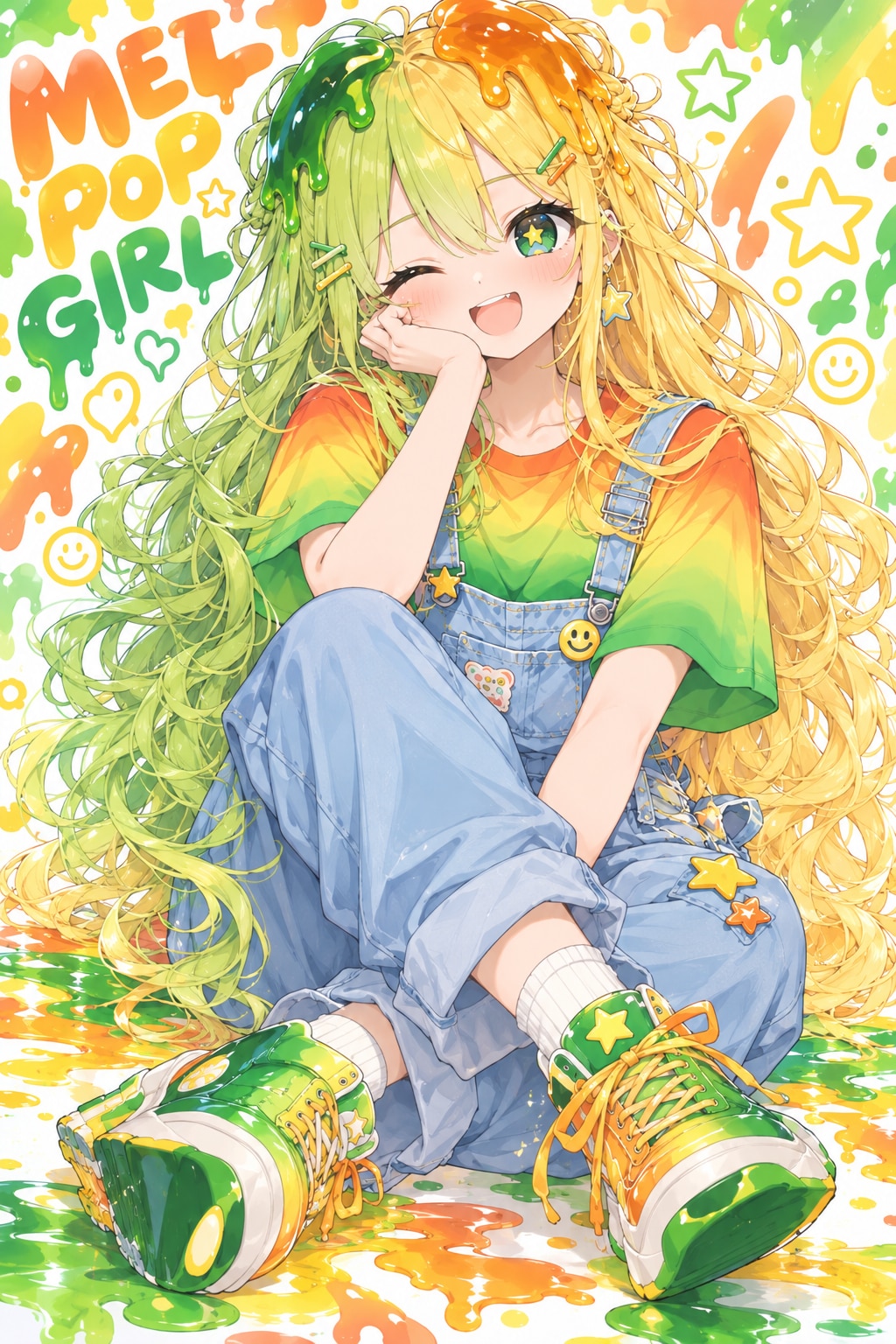 サロペットを着た髪の毛にカラメルがかかったツートンカラーの女の子