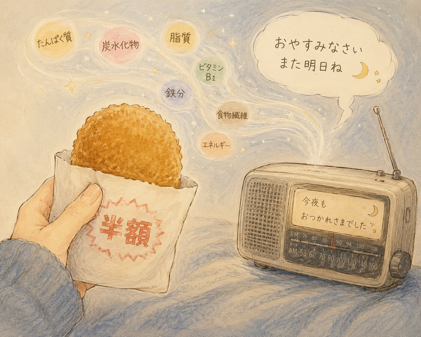 手に持った半額のコロッケの栄養と混じるようにおやすみを告げるラジオ