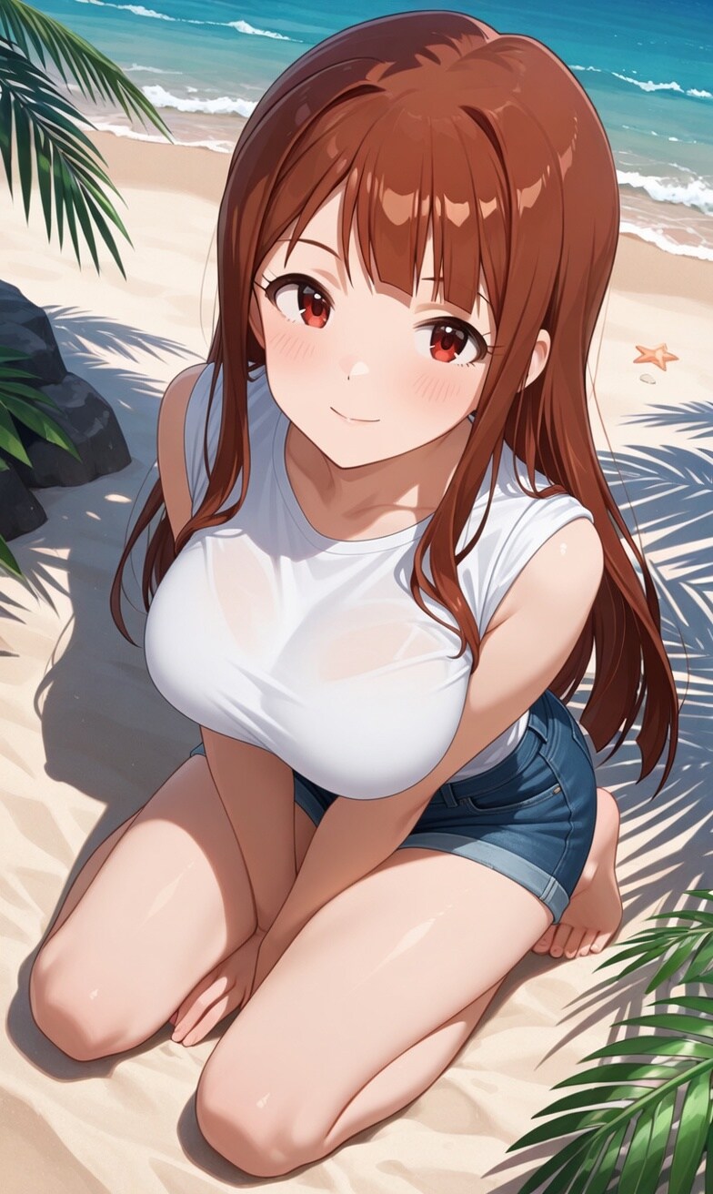 田中琴葉、白いノースリーブシャツにショートパンツと瞳の色は#A75344で