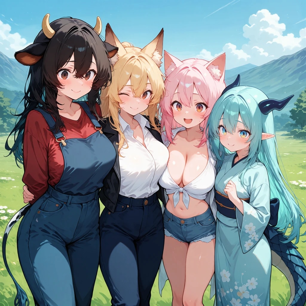 仲良し4人並んで写真　(Krea2 turbo & 4人格納LoRAテスト)