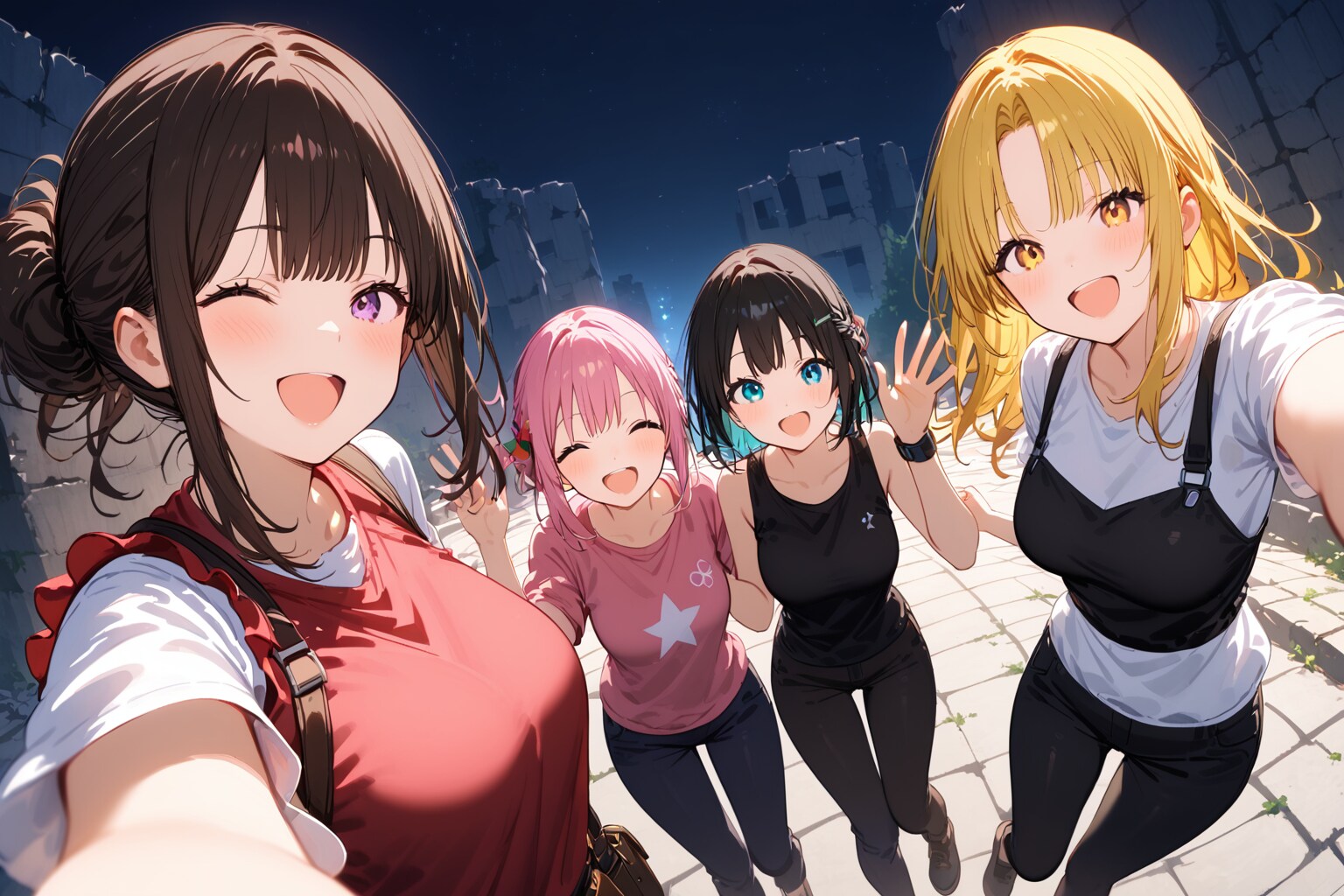 今日は仲良し3人組で廃墟探検に来ました！イェーイ！！ | の人気AIイラスト・グラビア