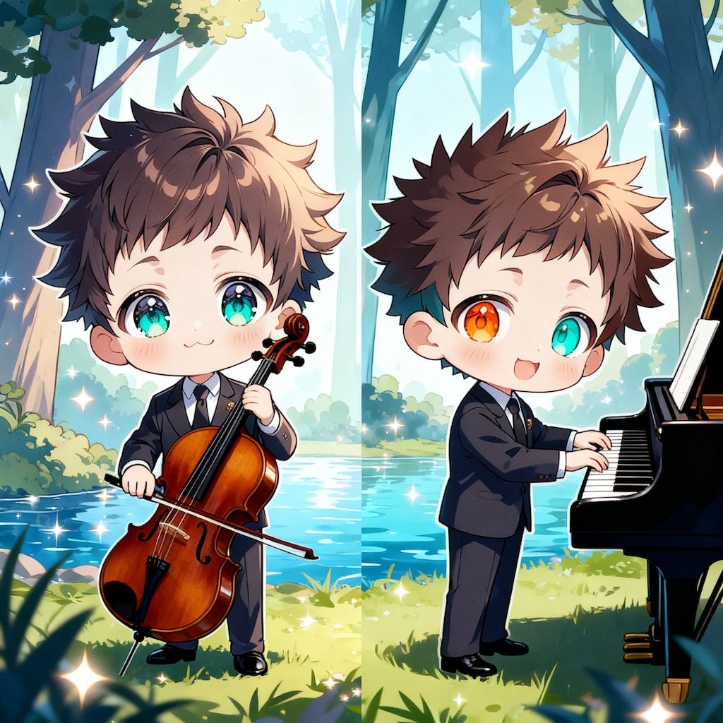 チェロ・ピアノを演奏する少年