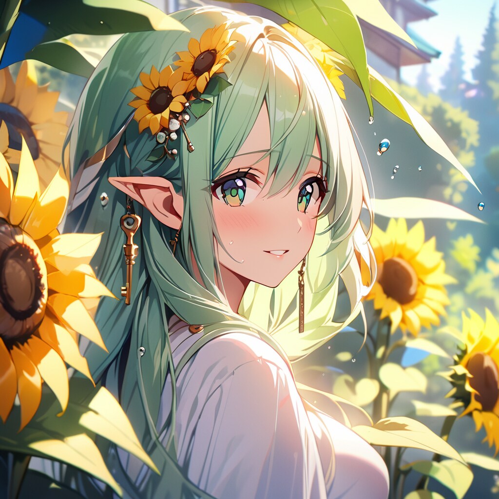 向日葵とエルフの少女