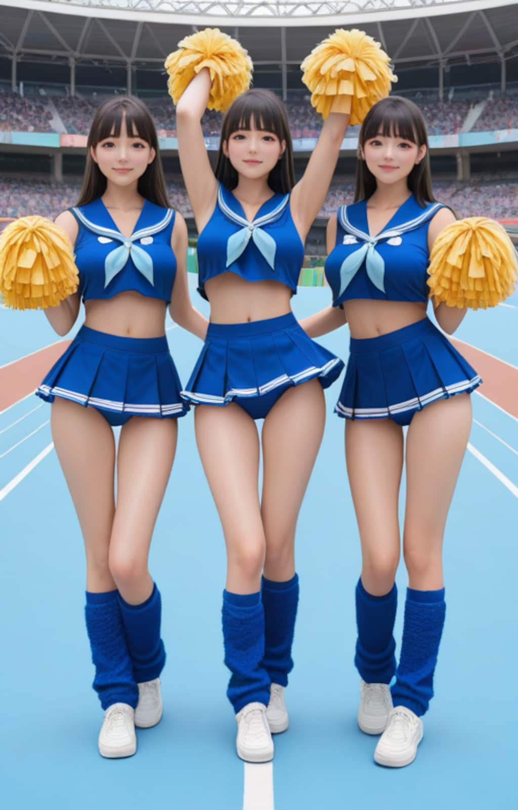 青いチアコスするサキちゃん