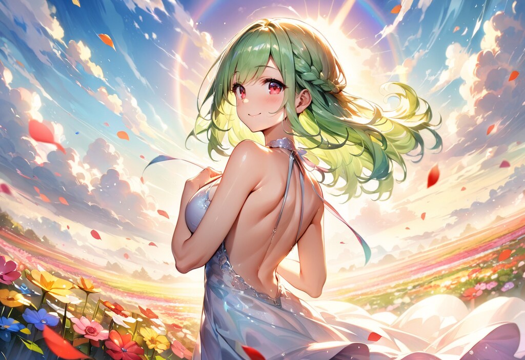花畑、虹、そしてドレスの少女