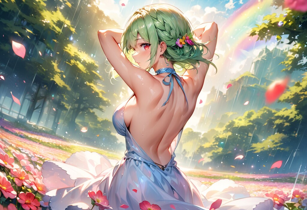 花畑、虹、そしてドレスの少女