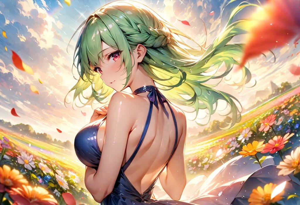 花畑、虹、そしてドレスの少女