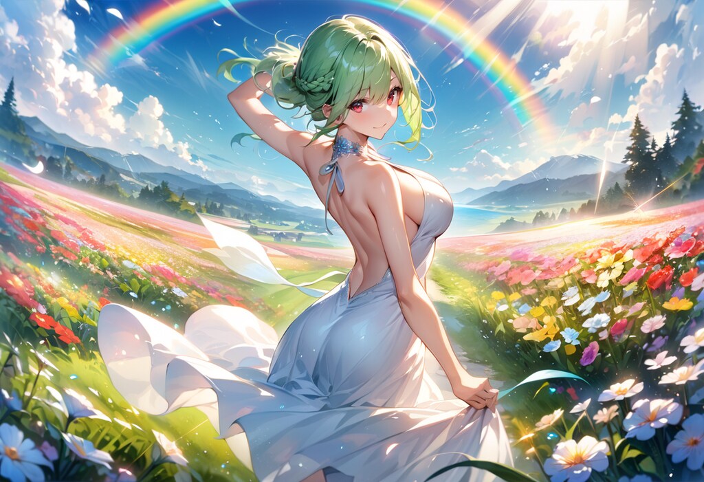 花畑、虹、そしてドレスの少女