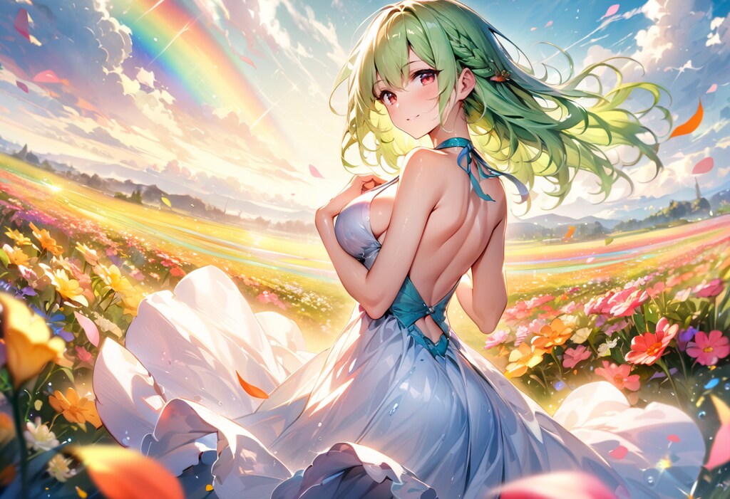 花畑、虹、そしてドレスの少女