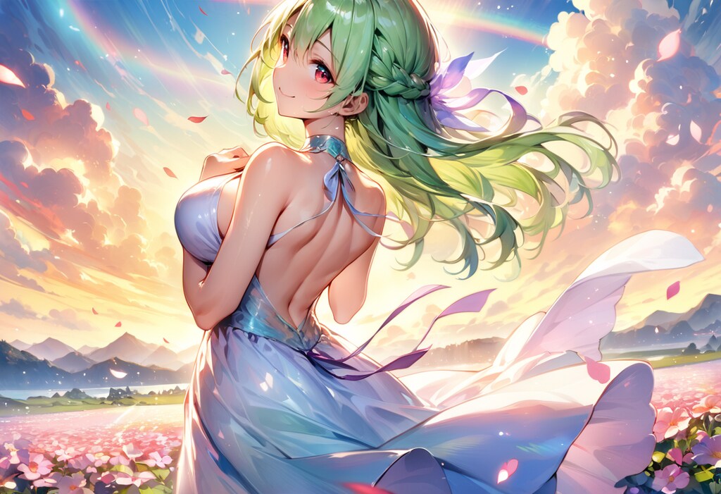 花畑、虹、そしてドレスの少女