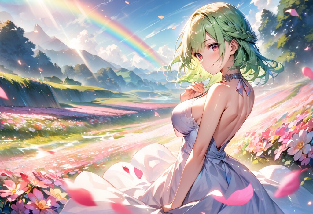 花畑、虹、そしてドレスの少女