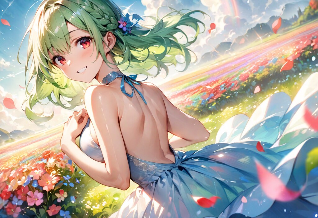 花畑、虹、そしてドレスの少女