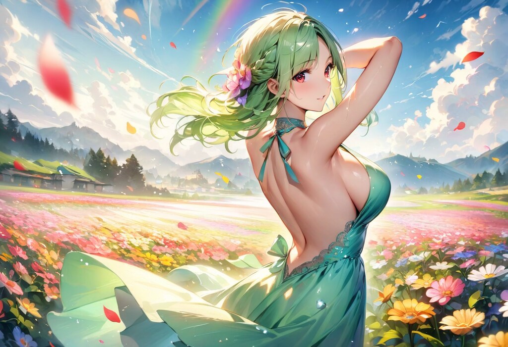 花畑、虹、そしてドレスの少女