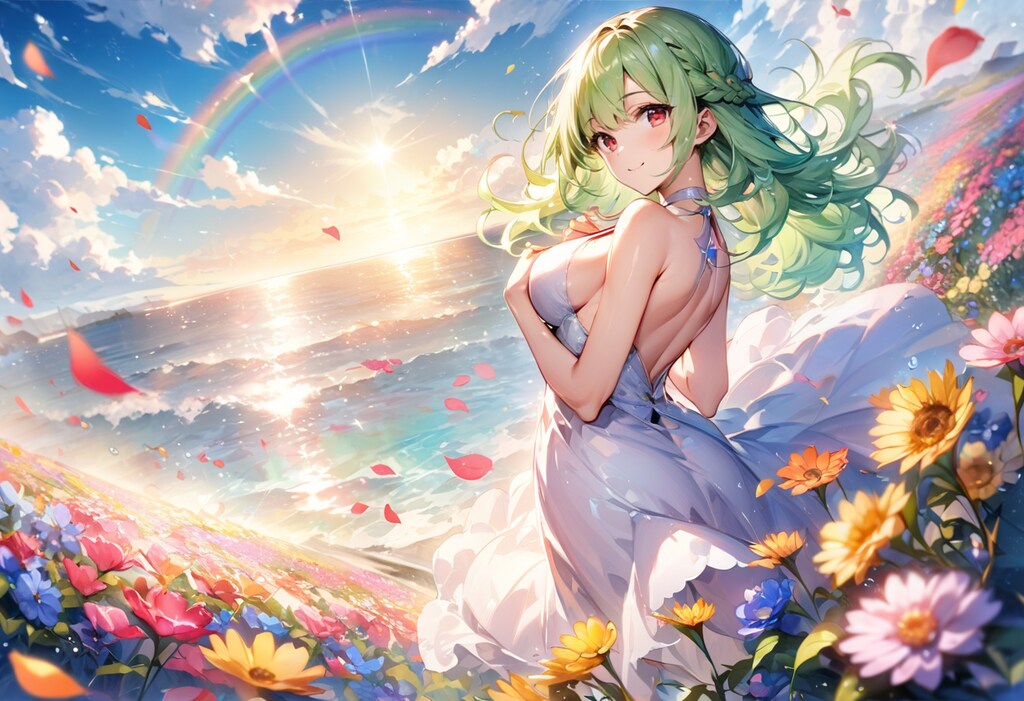 花畑、虹、そしてドレスの少女